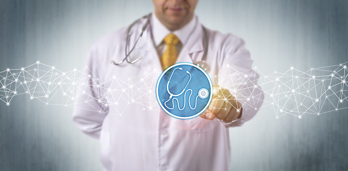 Medical physician pointing to a stethoscope icon.