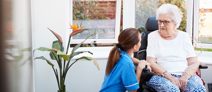 Caregiver assisting an elderly woman in a wheelchair.